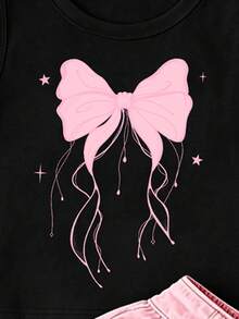 Girls' Creative Fresh Pink Bow Pattern Print Casual Basic Tank Top - Black - View 5