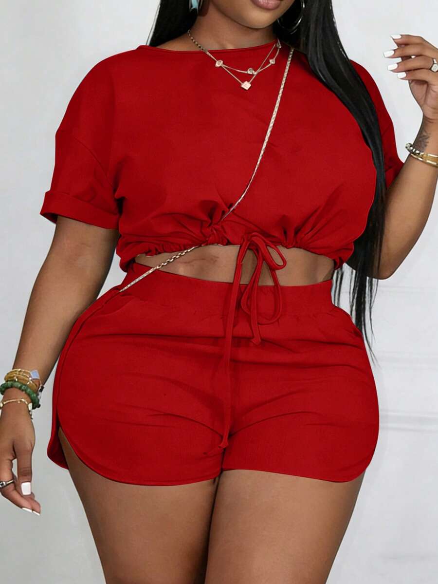 Slaydiva Slayr Plus Casual Solid Color Fitted Drawstring Split Hem Women's Plus Size Two Pieces Set, Outfits, Summer - Red - View 1