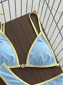 Swim Vcay 2026春夏女款兩件式比基尼泳衣，淺粉與深粉拼色，細肩帶掛脖設計，側高衩丁字褲底，甜美度假風，適合海灘拍照 - 藍色 - 查看 6