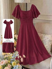 Modelyn Women's Spring/Summer Yellow Woven Short Sleeve Cinched Waist A-Line Burnout Pleated Elegant Romantic Mid-Length Dress - Burgundy - View 5