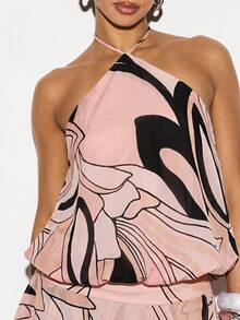 KIZN Printed Chiffon Halter Backless Mini Dress With Abstract Swirl Pattern For Date Night Party Club Summer Beach Vacation - Pink - View 5