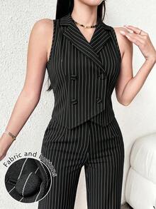 Modelyn Fashionable Double-Breasted Blue Women's Suit Set - Black - View 7
