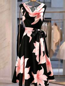 SHEIN Franclia 女款垂領無袖繫帶洋裝，度假風黑色洋裝 - 淺粉色 - 查看 4