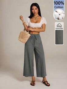 SHEIN PETITE 女款休閒純色寬鬆長褲，適合度假穿著 - 灰色 - 查看 4
