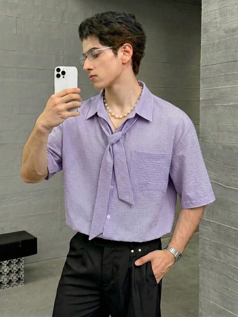 SWAVVY Men's Plaid Casual Short Sleeve Shirt, Spring/Summer - Mauve Purple - View 1