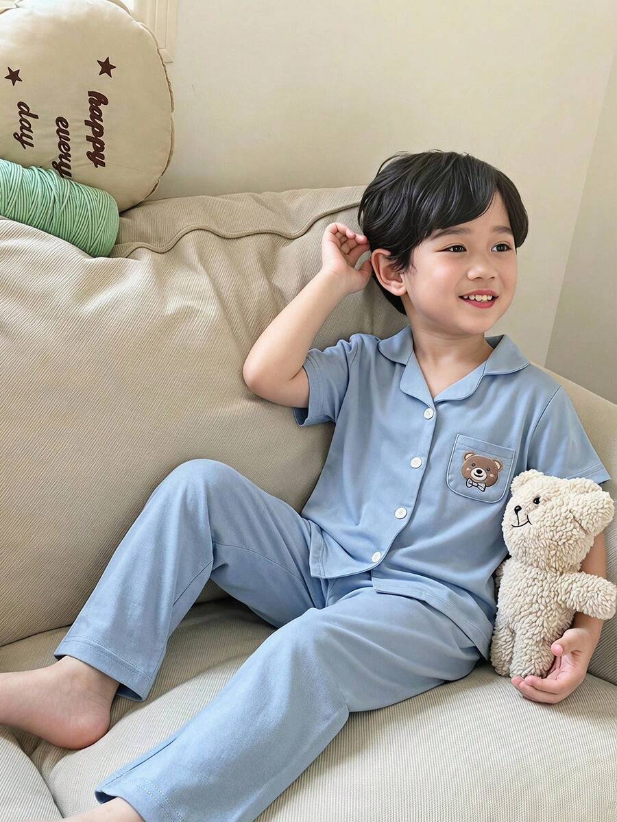 男童可愛淺藍色卡通熊印花軟綿短袖長褲口袋休閒舒適居家服 2件套 - 藍色 - 查看 1