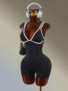 Amplova Contrast Trim Cami Strap Sports Romper - Black and White - View 4