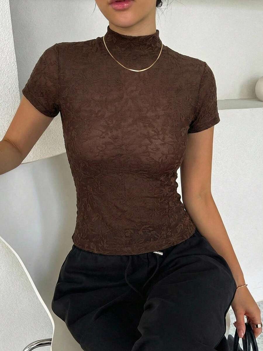 DAZY Solid Color Round Neck Fitted Short Sleeve Base Layer T-Shirt For Women Fall - Rust Brown - View 1