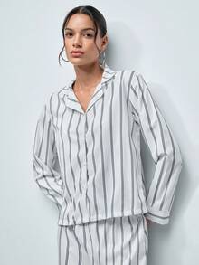 Softvol 女士宽松舒适透气条纹长袖上衣和裤子两件套家居服，冬季服装 - 白色 - 查看 8