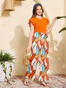 SHEIN Sparklyn Teen Girls Energetic Orange Summer Beach Vacation Holiday Set,V-Neck Cap Sleeve Top And Artistic Geometric Wide Leg Pants - Multicolor - View 6