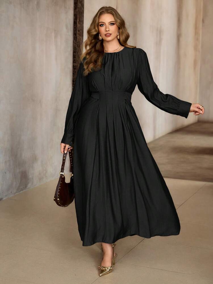 winter wedding guest dresses for plus size women Roveilla Women's Spring Autumn Christmas Party Formal Round Neck Ruched Waist Tie Hem Long Sleeve Maxi Dress Black Fall Colors may be slightly mesh fabric Mermaid Champagne One Shoulder Size:5/6T
