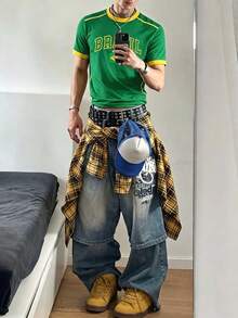 Manfinity Dauomo 男士夏季街頭風酷感足球球衣，字母印花綠色短版上衣，巴西風 - 綠色 - 查看 2