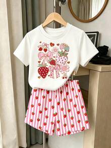 (Random Pattern, 1 Set Random) Girls' Fresh Strawberry Bow Heart Pink & White Striped Colorful Floral Striped Pattern Basic Short T-Shirt & Shorts - Multicolor - View 3