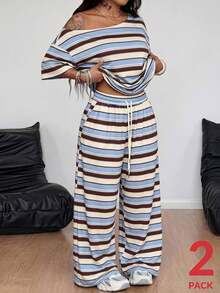 Coolane Women's Plus Size Summer Streetwear Casual Basic Daily Wear Going Out Office Comfy Blue And Brown Stripes Off Shoulder T-Shirt Wide Leg Outfits - Blue and White - View 2