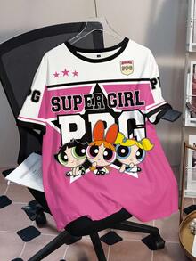 THE POWERPUFF GIRLS X SHEIN 大尺碼女款圓領字母卡通印花休閒日常夏季T恤 - 白色 - 查看 6