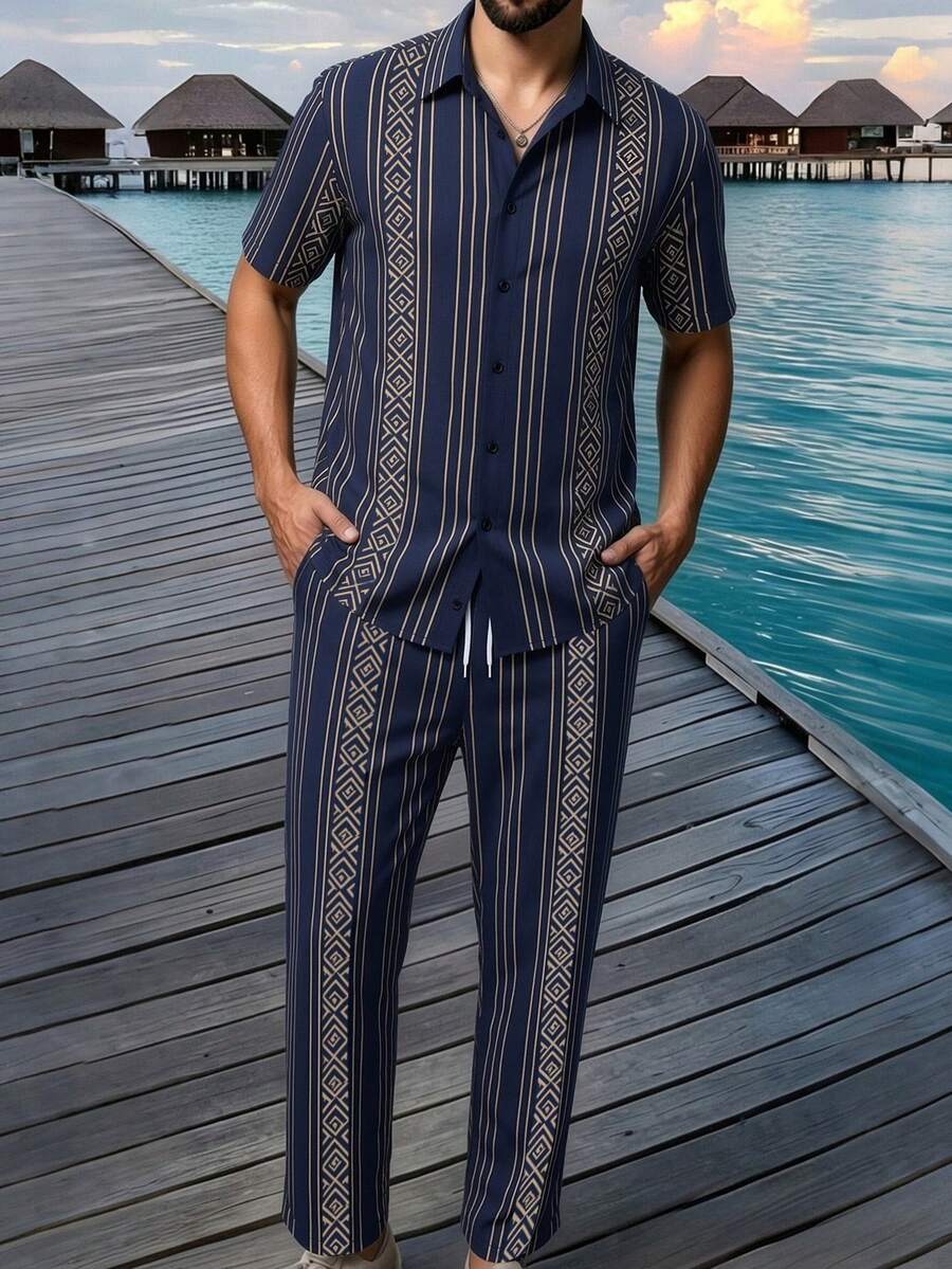 VENTUSAIL Men's Shirt Set Short-Sleeve Printed Shirt And Drawstring Trousers – Casual Vacation Style - Navy Blue - View 1