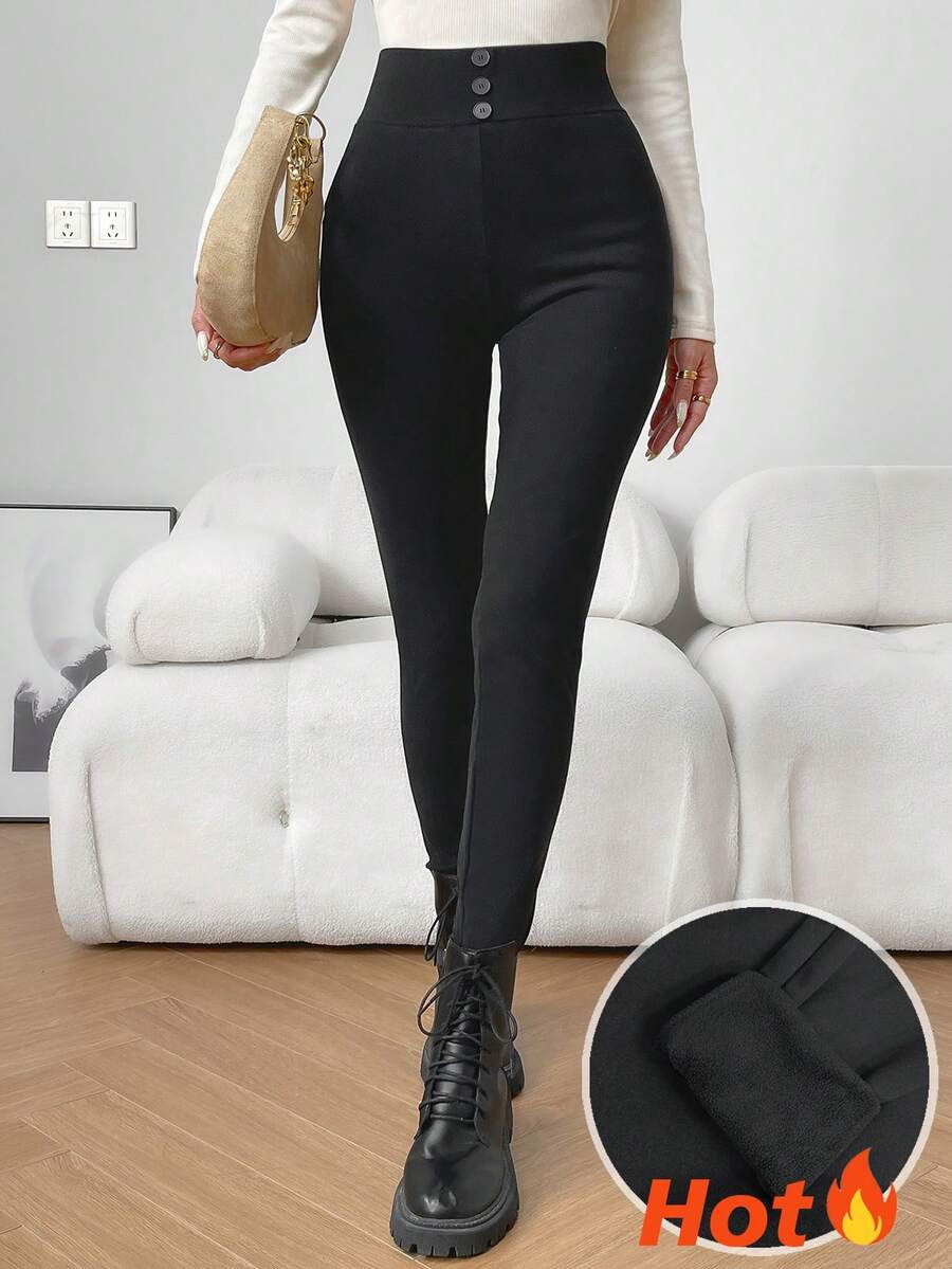 SHEIN Raffinéa 女款冬季新年高腰提臀收腰修身保暖內裡加厚緊身褲 - 黑色 - 查看 1