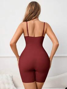 SHEIN 女款純色細肩帶塑形連身短褲，1件裝 - 酒紅色 - 查看 2