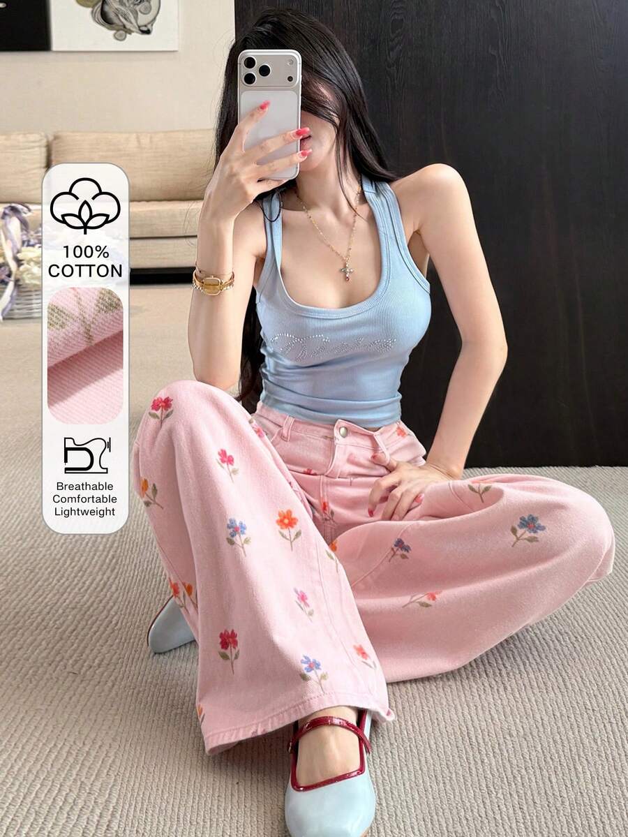 DAZY 夏季秋季粉色花卉植物滿版印花寬鬆商務休閒度假直筒牛仔褲女款 - 粉色 - 查看 1