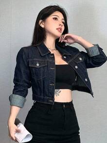 DAZY 女款秋季 Y2K 寬鬆休閒街頭風長袖牛仔夾克，大口袋設計 - 中等水洗藍 - 查看 5