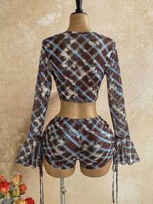 Soleia Draped Neck Mesh Plaid Drawstring Set Night Out Club Brown Plaid Autumn Sexy Holiday Outfits Western Outfits For Women - Multicolor - View 2