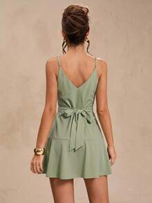 SHEIN BAE Spring Summer Sage Green Spaghetti Strap V-Neck Ruffle Waist Cinched Short A-Line Dress Fresh Sweet Beach Holiday Wedding Romantic Elegant - Green - View 6