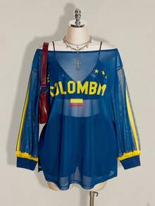 SHEIN ICON 大尺碼 Y2K 鄉村牛仔 90 年代復古龐克印花透視網紗寬開衩迷你洋裝，黃色與海軍藍，秋季度假外出演唱會穿搭 - 藍色 - 查看 1