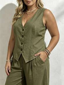 EMERY ROSE Plus Size Minimalist Solid Color Fashion Single-Breasted Casual Shirt - Army Green - View 4