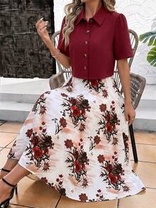 SHEIN Clasi 2件組女款印花洋裝與豹紋襯衫，夏季外出穿搭套裝 - 酒紅色 - 查看 8