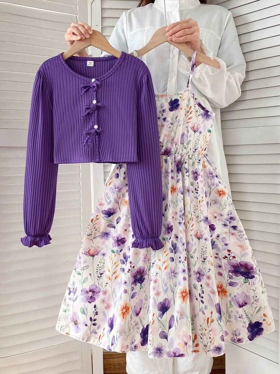 SHEIN 2pcs/Set Tween Girls Spring/Autumn Casual Knitted Ribbed Bow Decor Cardigan Top And Printed Spaghetti Strap Simple Dress Vacation Style Outfit - Multicolor - View 1