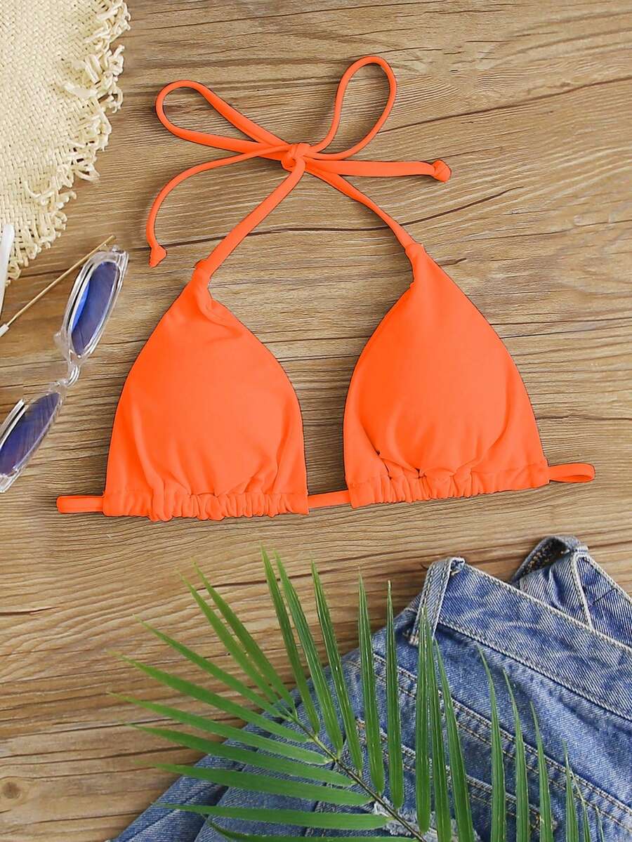 Swim Vcay 女款熱帶風掛脖三角杯比基尼泳衣上衣(肩帶與結扣可拆卸),夏季海灘度假紅色橘色 - 橘色 - 查看 1