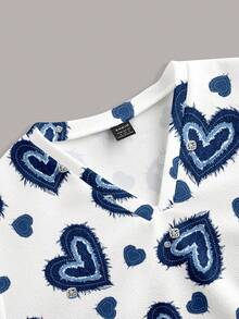 PopScrub Women's Uniform Top, Denim Effect Heart Print Pattern, Suitable For Pet Hospital - Multicolor - View 3