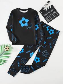SHEIN 青少年男孩霓虹美式足球圖案圓領長袖褲子休閒舒適修身居家睡衣套裝 2件組 - 黑色 - 查看 3