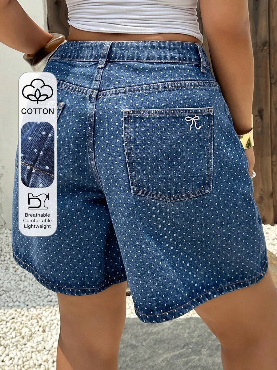 Dazy Plus Celana Pendek Denim Biru Tua dengan Bordir Pita di Saku Belakang, Potongan Lurus, Panjang Selutut, Musim Semi/Panas - Medium Wash - View 1