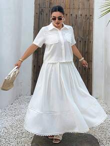 Dazy Plus Spring/Summer Women's Elegant Lace Patchwork Pocket Shirt And Skirt Set, White Vacation Style Casual Plus Size 2-Piece Outfit - White - View 5