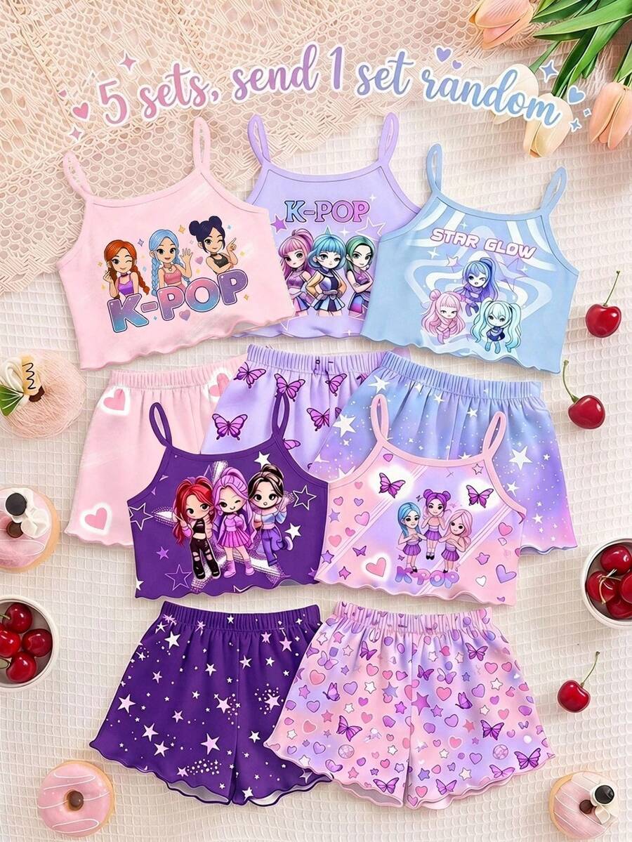 少女奶油色系 K-POP 卡通女孩圖案休閒細肩帶上衣與短褲家居服套裝,適合春夏穿著 - 彩色 - View 1