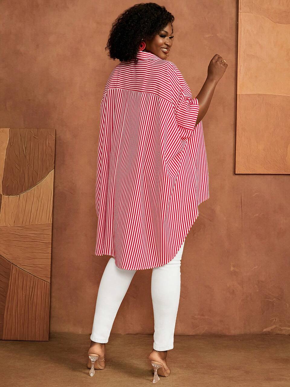 Plus Size Batwing Sleeve Asymmetrical Hem Striped Button Shirt