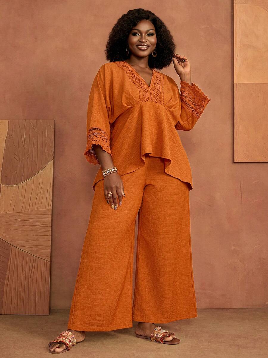 Zaforene 2pcs/Set Plus Size Women Autumn Casual Lace Patchwork Solid Burnt Orange Loose Blouse And Wide Leg Pants 2-Piece Set Festival Halloween - Burnt Orange - View 1