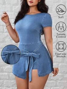 SHEIN Unity 大码女式圆领短袖腰部系带侧开衩牛仔连衣裙 - 藍色 - 查看 1