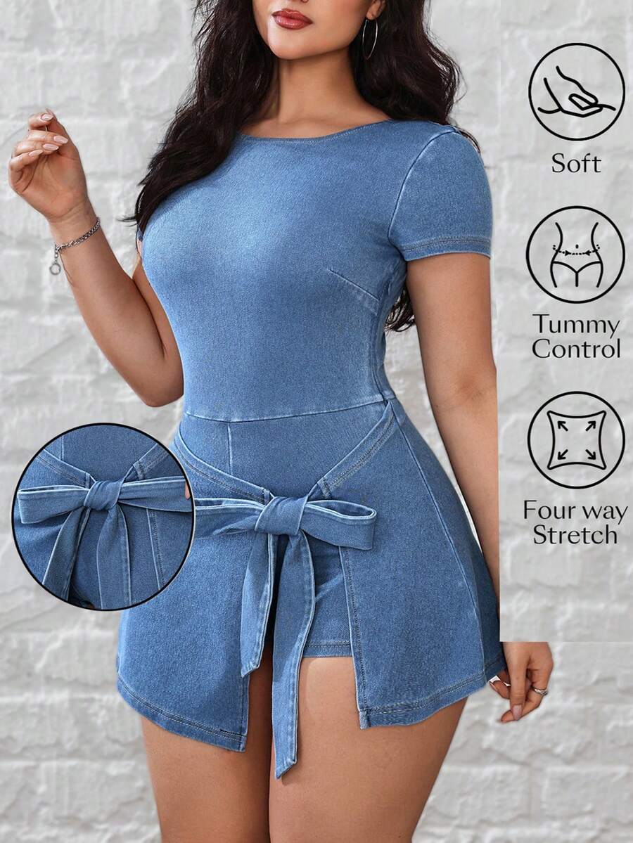 SHEIN Unity 大码女式圆领短袖腰部系带侧开衩牛仔连衣裙 - 藍色 - 查看 1