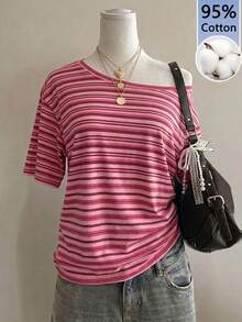 SHEIN EZwear 休閒極簡印花落肩短袖寬鬆女款T恤，玫瑰粉條紋T恤，日常百搭派對聚會機場Y2K上衣，夏季出遊 - 白色 - 查看 3