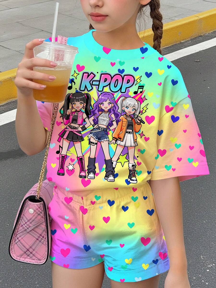 街頭時尚霓虹K-Pop女孩圖案,年輕女孩休閒舒適圓領短袖T恤與短褲2件套,適合春夏日常、外出、校園、運動、返校,甜美女孩風,時尚 - 彩色 - 查看 1