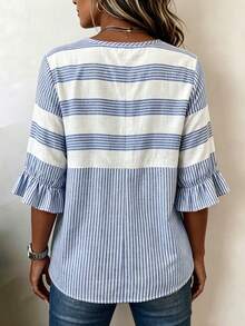 Linhara CURVE Plus-Size Woven Commuter Casual Fall Blouse - Blue - View 2