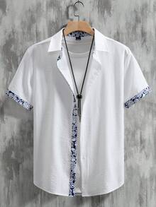 Manfinity Homme Plus Size Men's Colorblock Single-Breasted Casual Versatile Short Sleeve Shirt For Daily Wear - White - View 7
