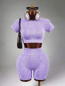 Mistrie Seamless Leopard Print Backless Sleeveless T-Shirt And Shorts Sports Suit For Women - Purple - View 3