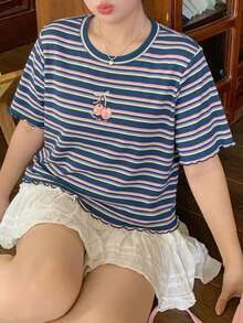Dazy Plus Plus Size Cherry Embroidery Striped Crew Neck Short Sleeve Fitted Summer T-Shirt Graphic Tee - Blue - View 7