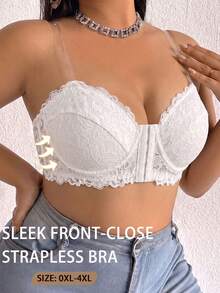 SHEIN 1件大尺碼蕾絲前扣鋼圈無肩帶胸罩 - 白色 - 查看 3
