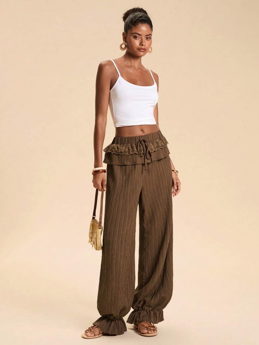 Travachic Women's Woven Lace Trim Cuffed Wide Leg Draped Casual Long Pants - Brown - View 1