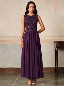 Anewsta Women's New Elegant Sequin Beaded Pleated Chiffon Waist-Cinching Dress, Suitable For Spring/Summer Daily Wear, Party, Evening Dress, Outing, Purple - Purple - View 6