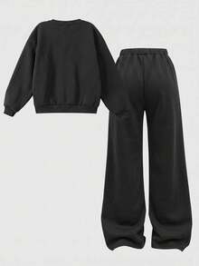 SHEIN Girlism 青少年女孩秋冬休閒保暖內裡加厚運動衫套裝，紐約市印花，寬鬆圓領落肩長袖套頭衫，搭配印花百褶寬腿直筒運動長褲，2件式運動風套裝，深灰色 - 深灰色 - 查看 2